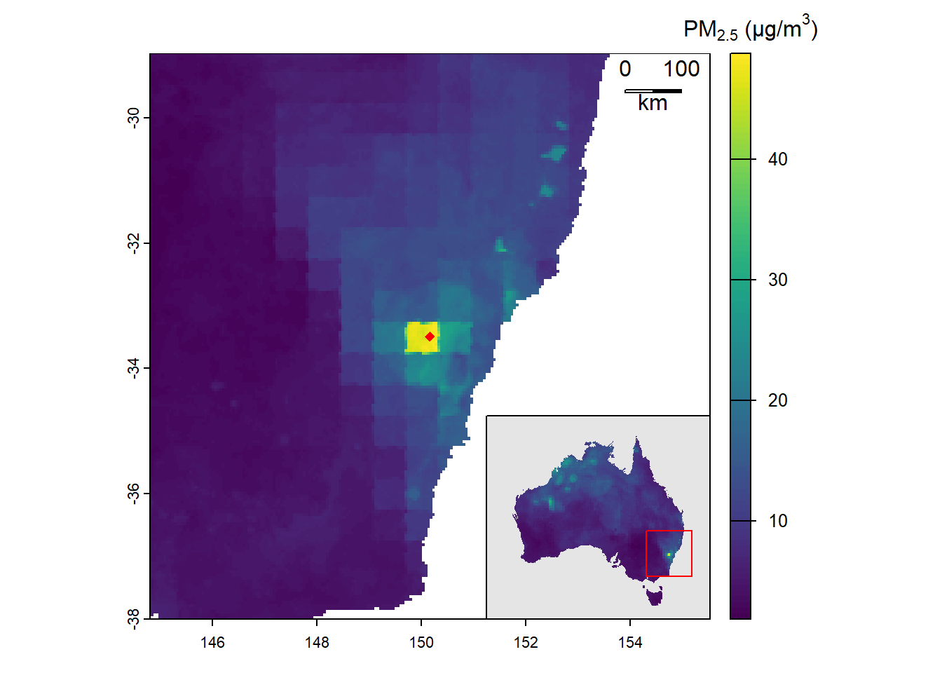 Raster map of total PM~2.5~ (µg/m^3^) for Australia on 2013-10-18. Lithgow (NSW) is marked with a red diamond, corresponding to the location of the STL decomposition shown below.